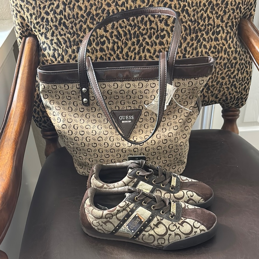 Guess Brown Monogram Tote and Sneakers